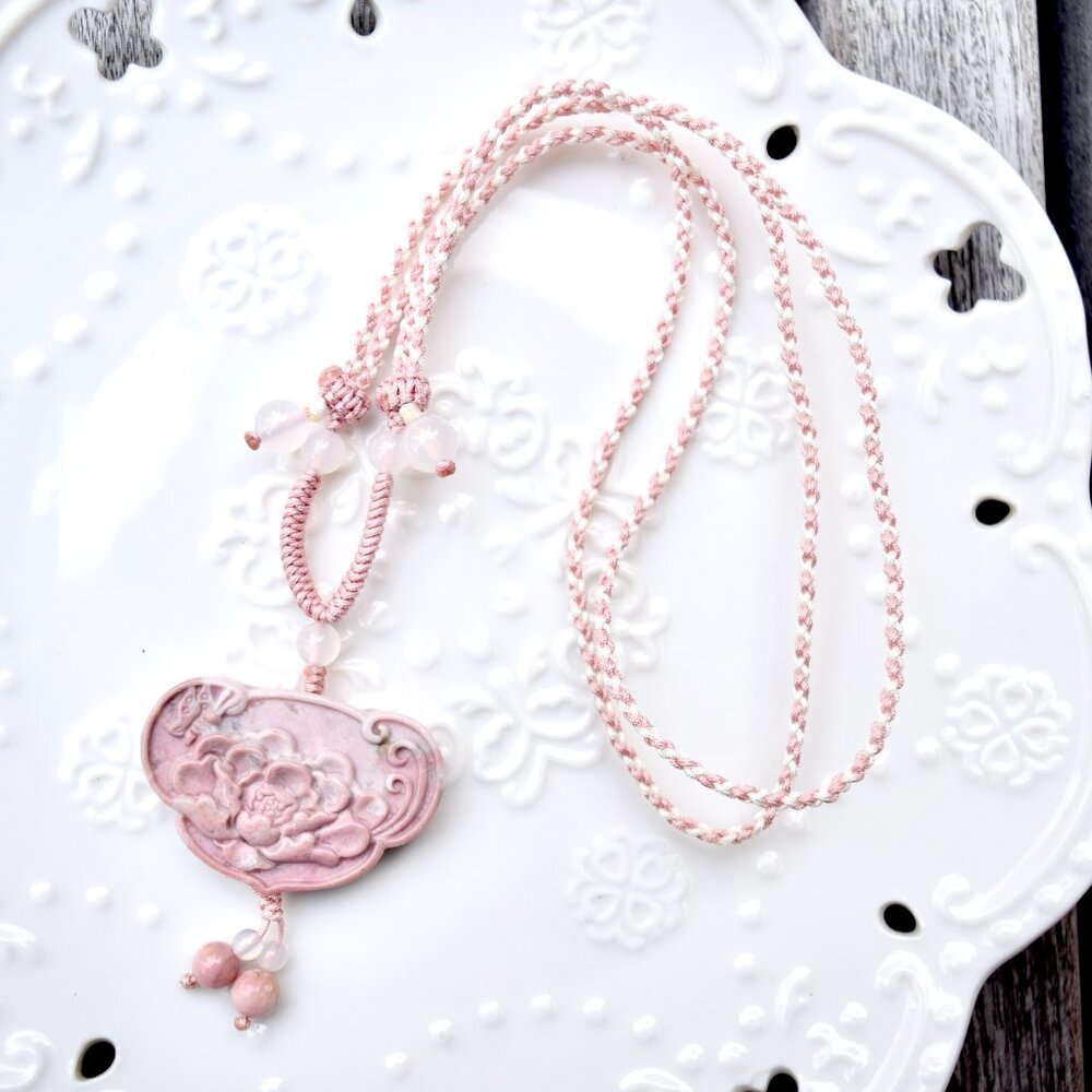 Pink Peony Lock Pendant Braided Rope Necklace - Rhodonite